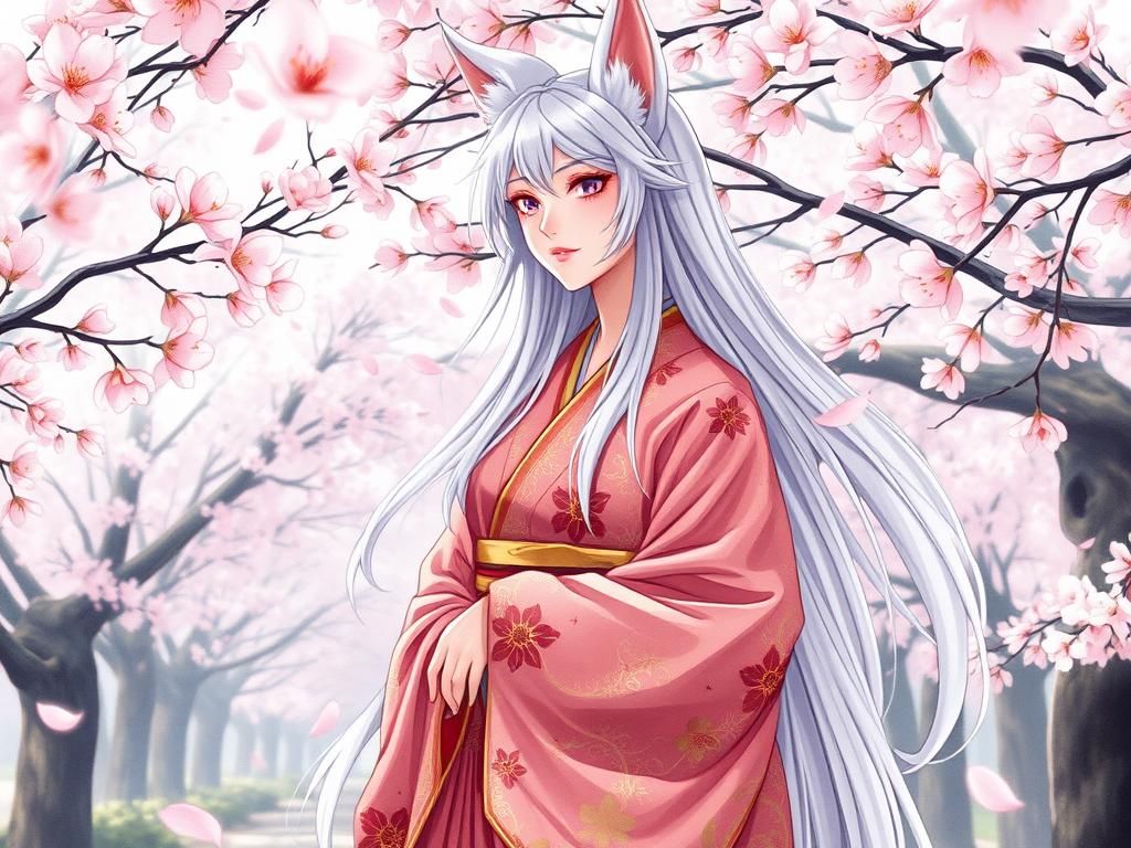 Kitsune Lady in Cherry Blossom Park