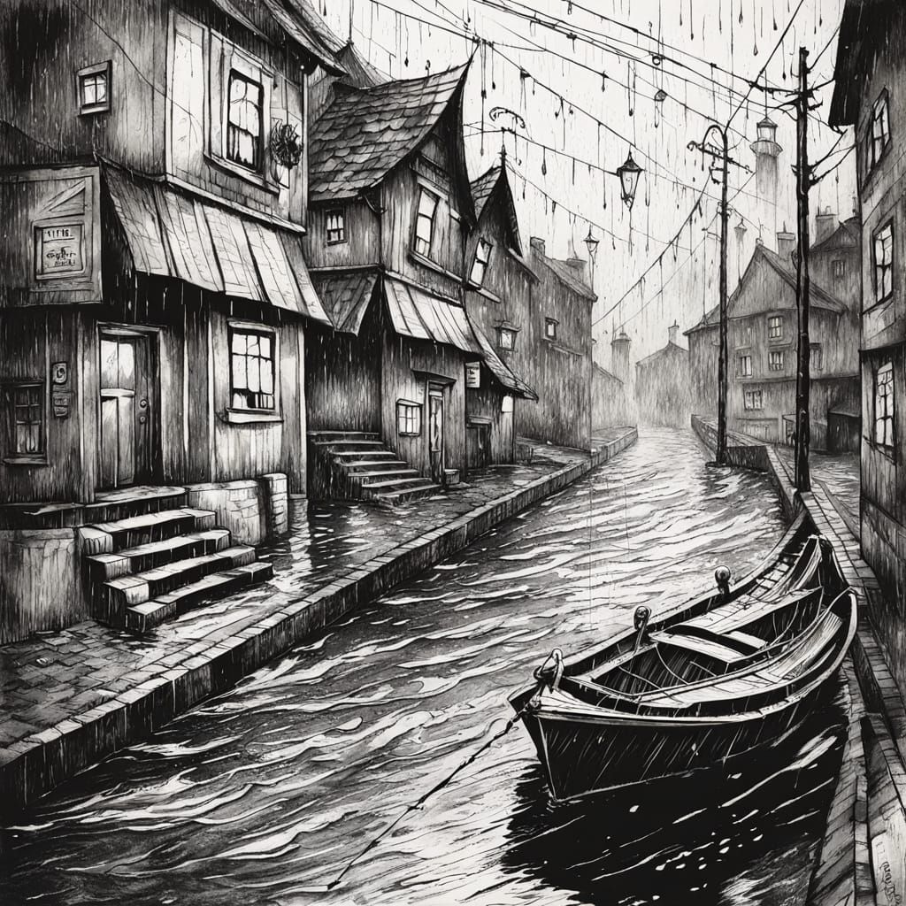 Moody Ink Sailboat Floats Down Rainy Street Gutter