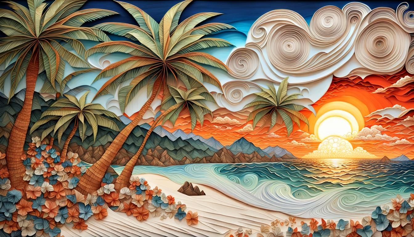 Palm Tree Sunset: Detailed Origami-Style Artwork