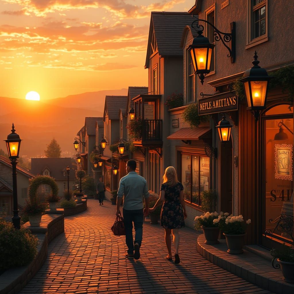 Romantic Sunset Stroll on Cobblestone Street