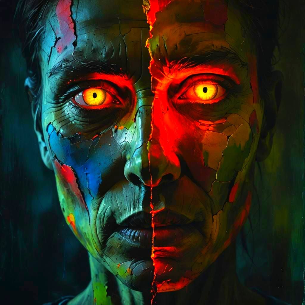 Aged, Weathered Portrait with Glowing Cracks in a Cold Wax S...