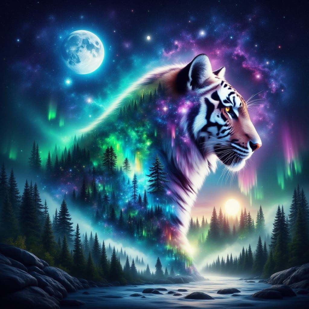 Majestic Tiger Double Exposure in Cosmic Jungle