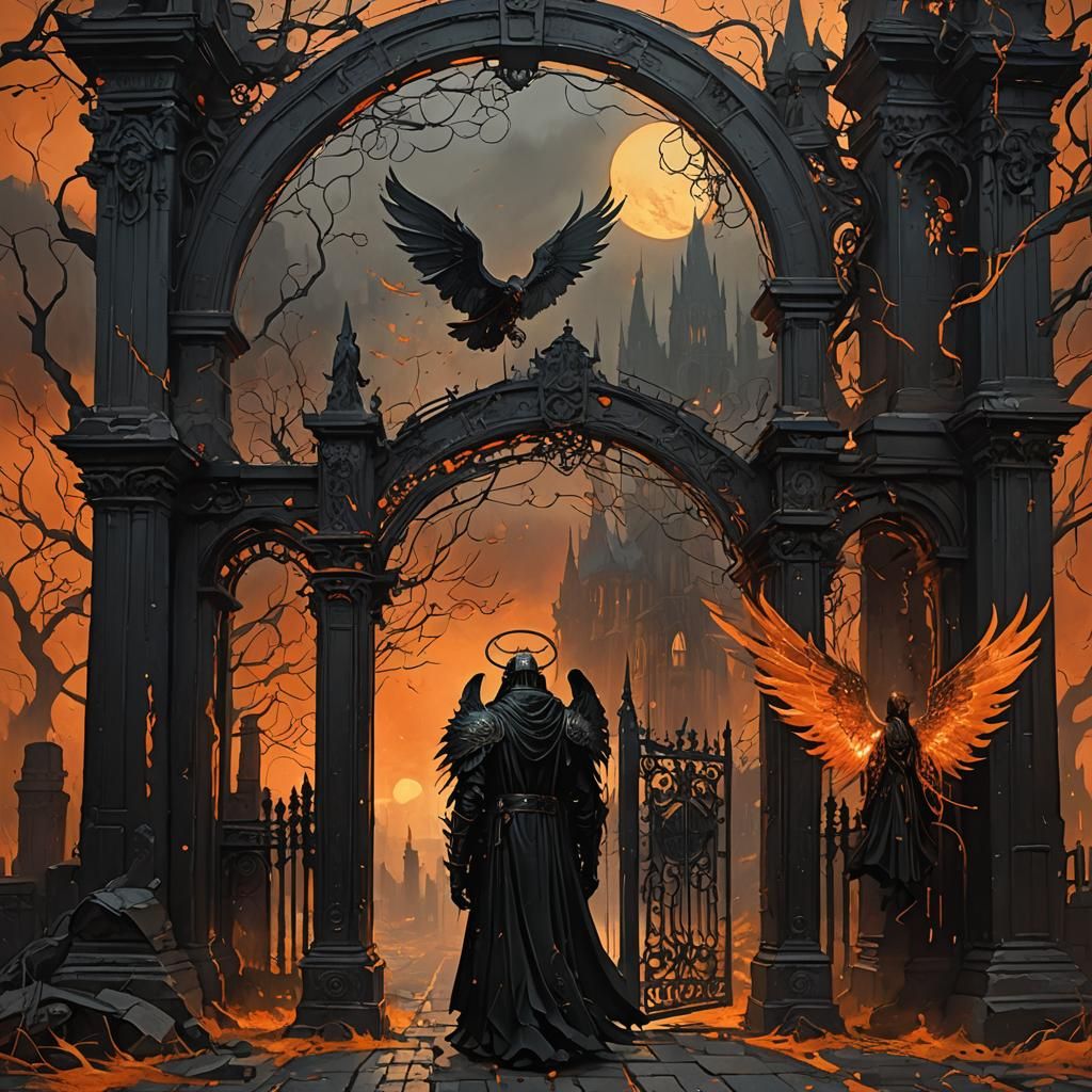 Gothic Angels Guarding Mystical Gate as Digital Art