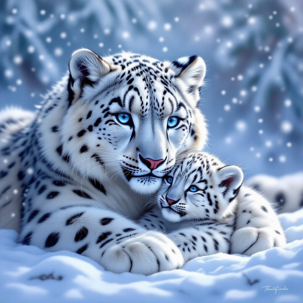 Mother Snow Leopard and Cub in Ethereal Winter Mist
