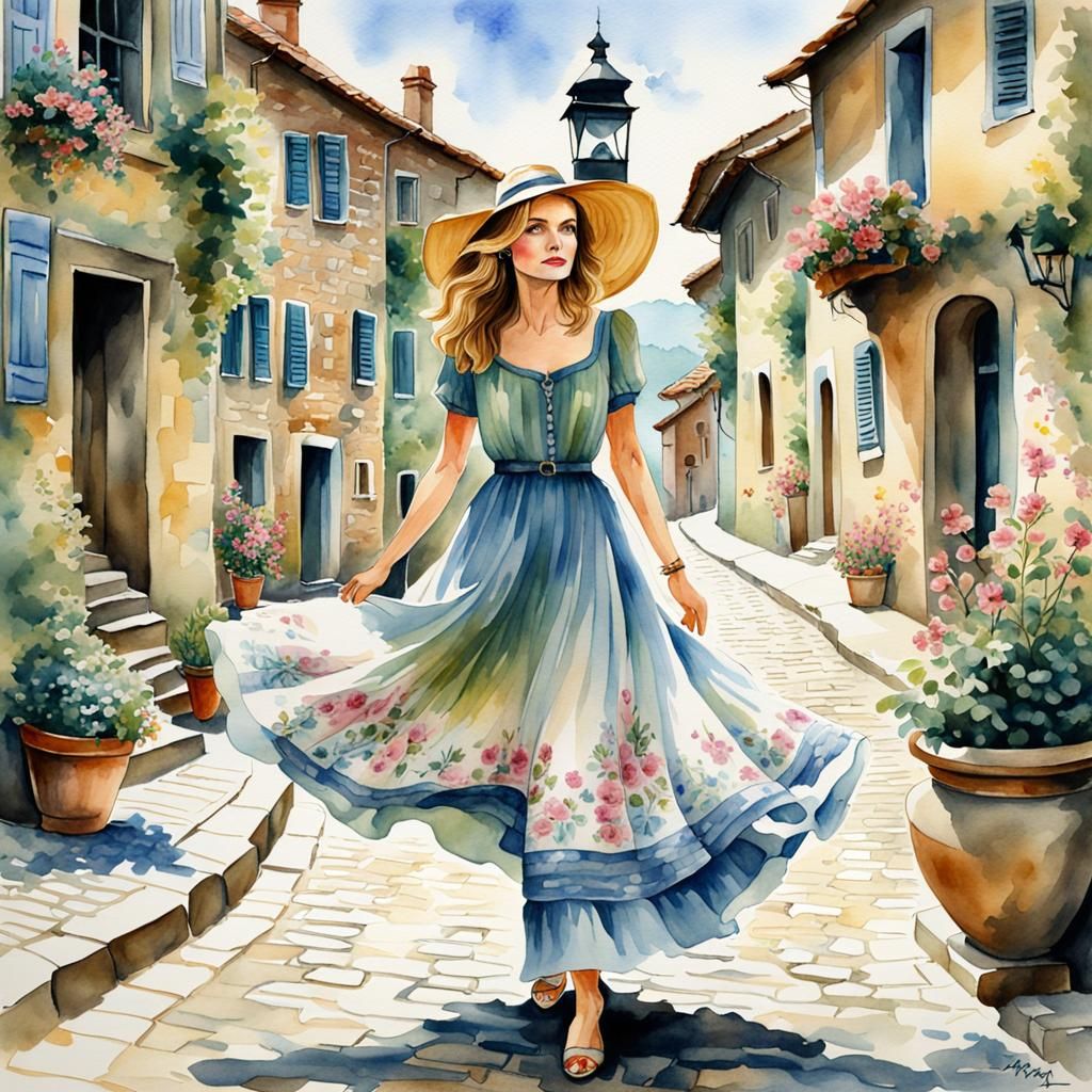 Michelle Pfeiffer in Watercolor Village Scene