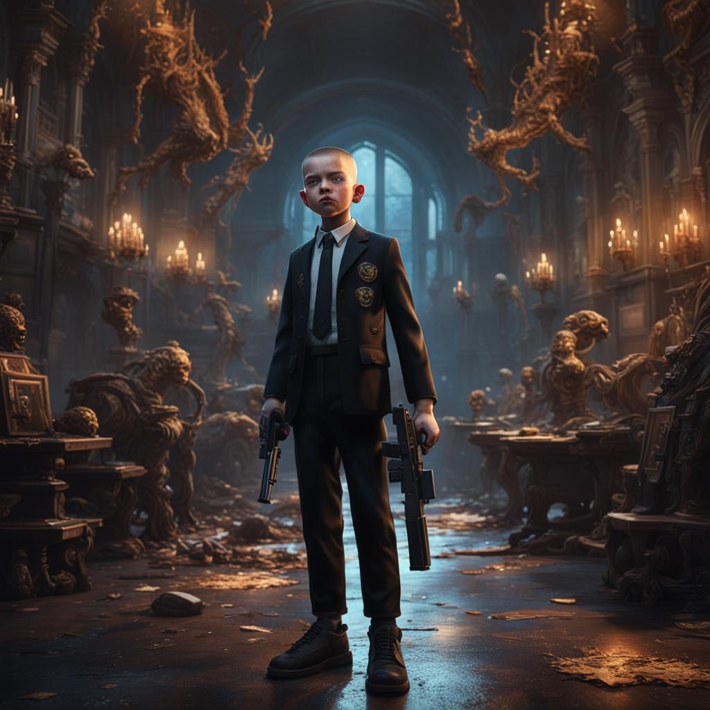 Boy in Black Suit with Gun, Detailed Matte Painting