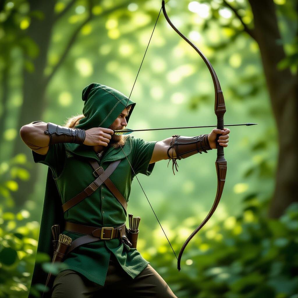 Robin Hood Draws His Bow in Forest Sunlight
