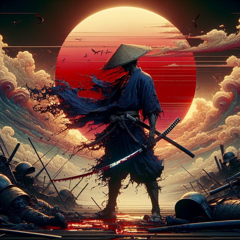 Gothic Japanese Swordsman in Sunset Landscape