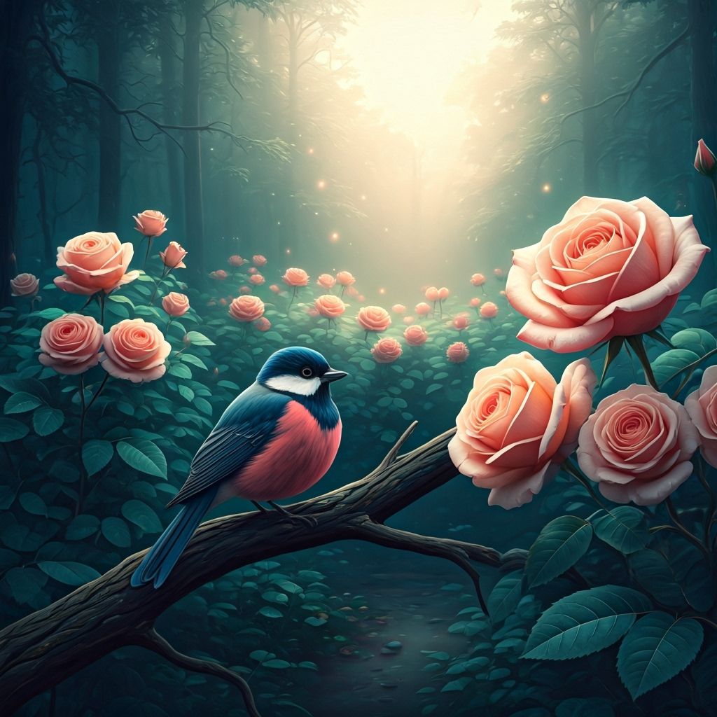Enchanted Rose Garden with Bird, Dreamy Pastel Art
