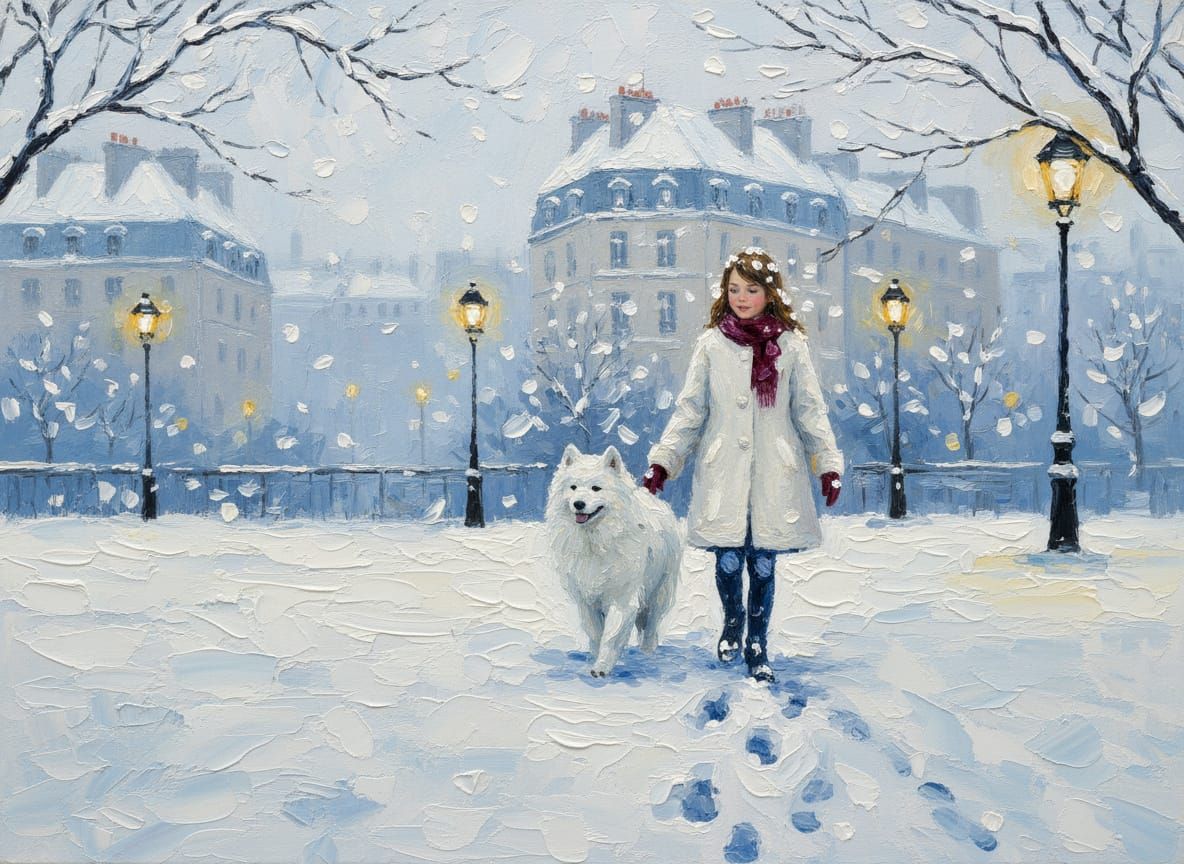 Girl and Dog in Snowy Paris: Impressionist Painting