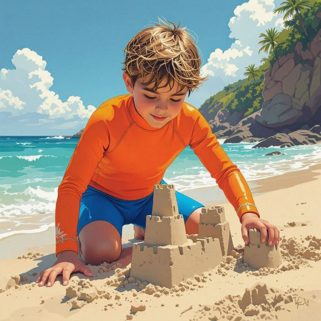 Boy Playing at Shore in Comic Book Art Style