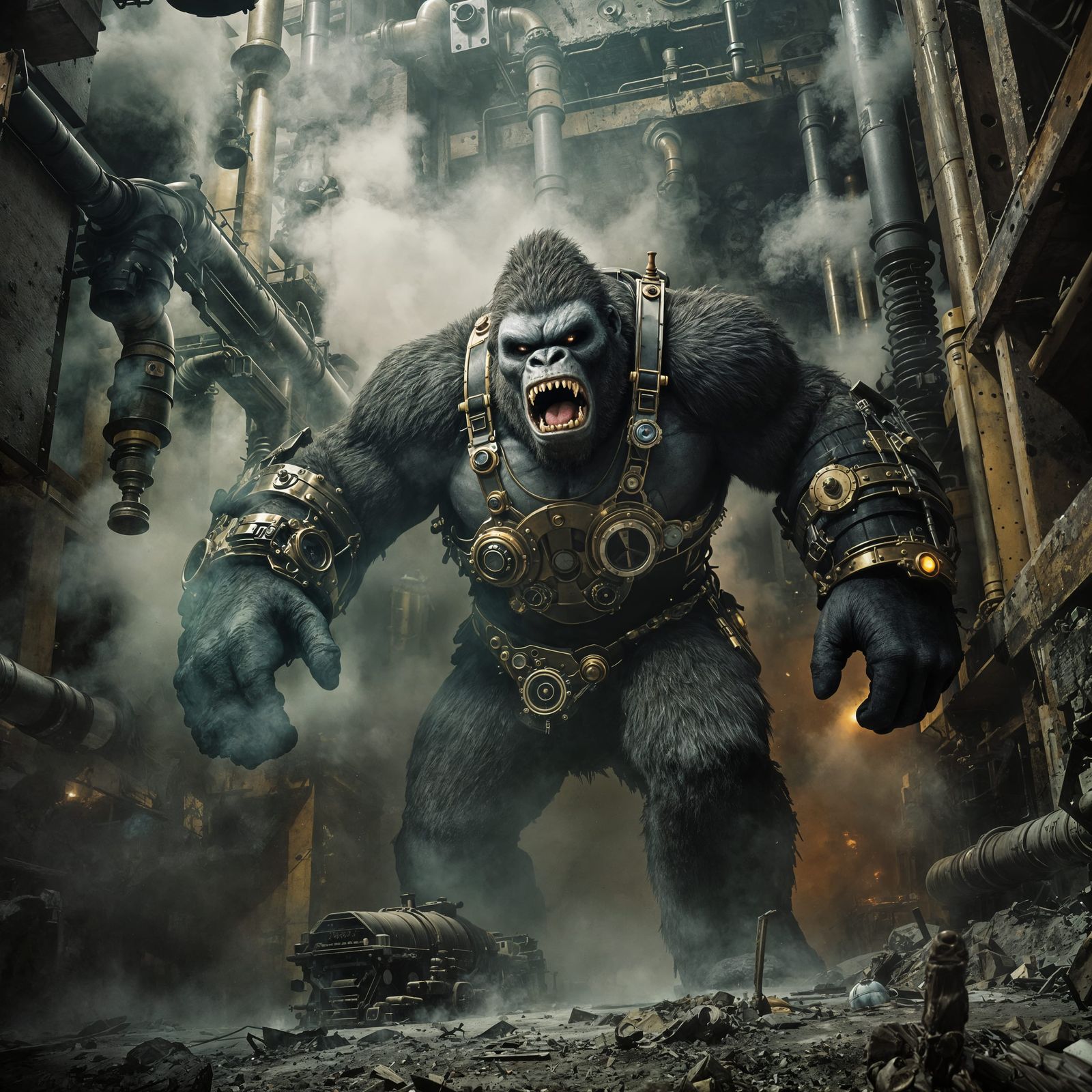 Steampunk King Kong Destruction in Photorealistic Style