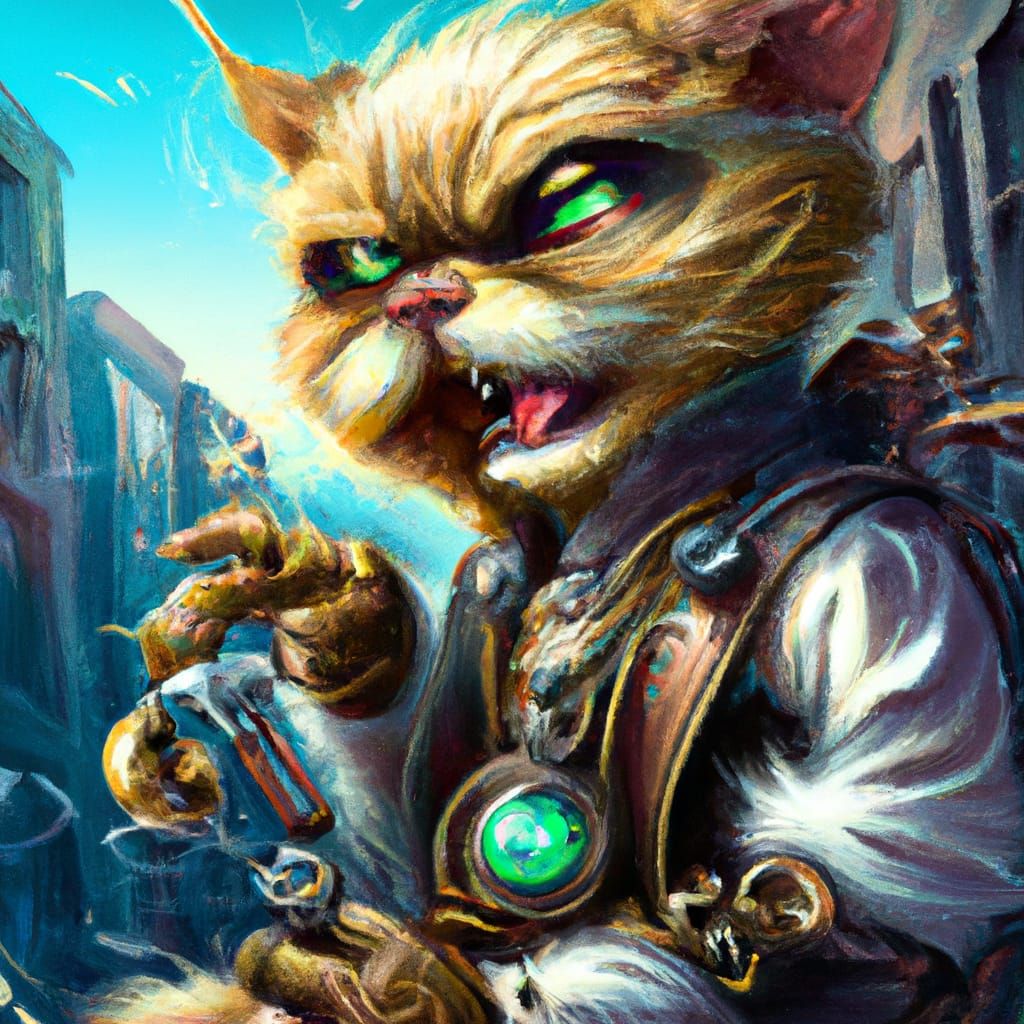 Hyperrealistic Steampunk Chibi Cat in City Alley