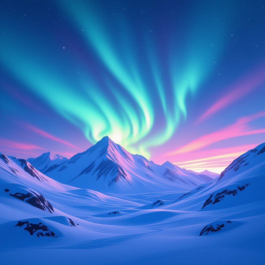 Aurora Borealis Over Snow Mountains, Fantasy Concept Art