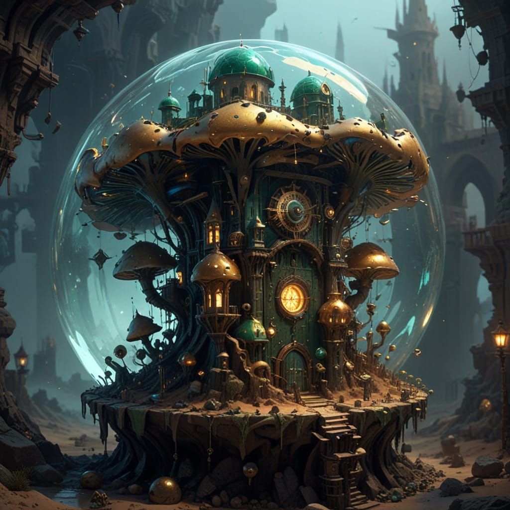 Steampunk Emerald City in Desert Twilight