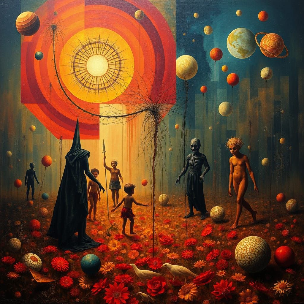 Surreal Geometric Dance: Macabre Expressionist Oil Painting