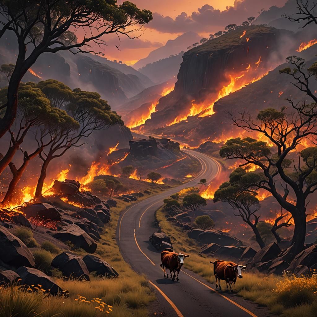 bush fire along windy road up mountain sunset cows runningde...