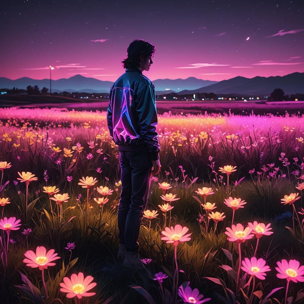 Neon Night Field with Fluorescent Flowers