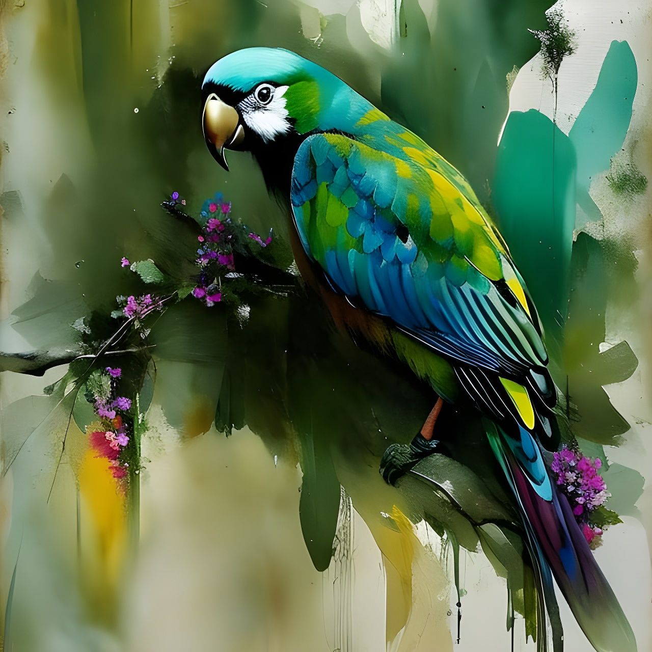 Colorful Parrot with Flowers, Oil Painting Style