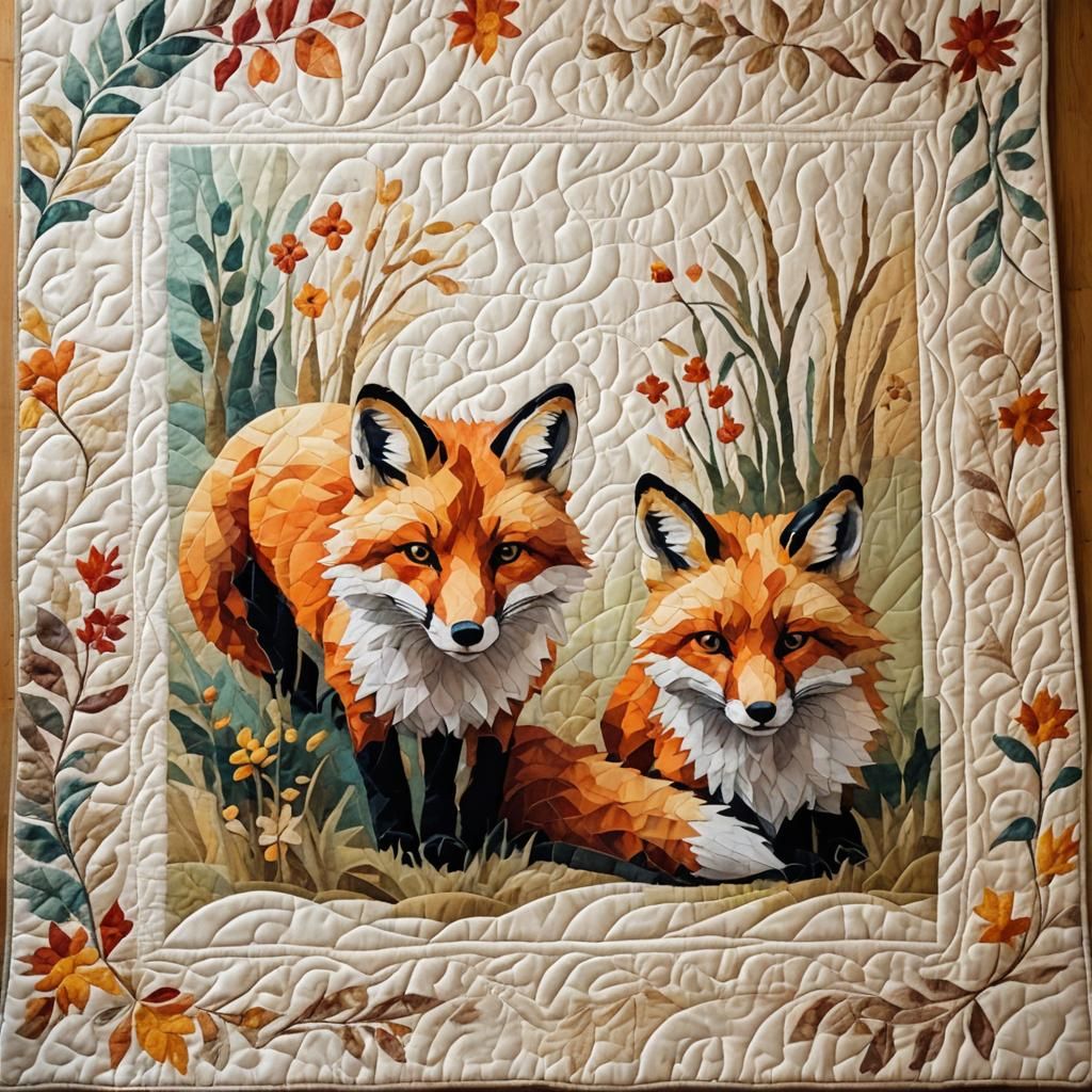 Impressionist Quilt with Fox Design on Wooden Floor