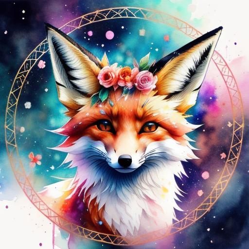 Cute Chibi Fox with Flower Crown in Watercolor