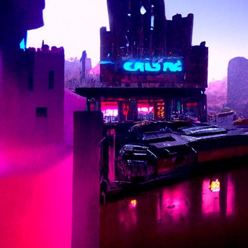 Cyberpunk Ruined Castle in Neon Dystopia