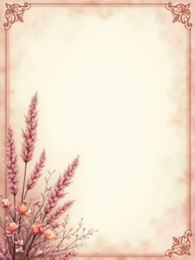 Vintage Pink Grasses and Flowers on Antique Paper
