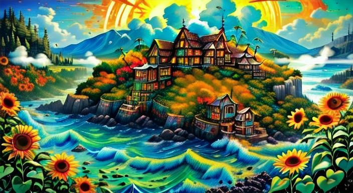Ocean Beach Huts in Vibrant Oil Painting Style