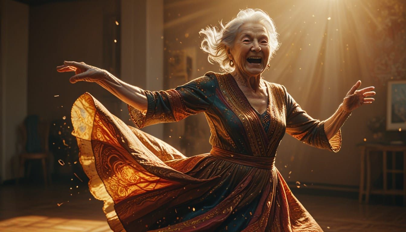 Joyful Elderly Woman Dancing: Hyperrealistic Splash Art