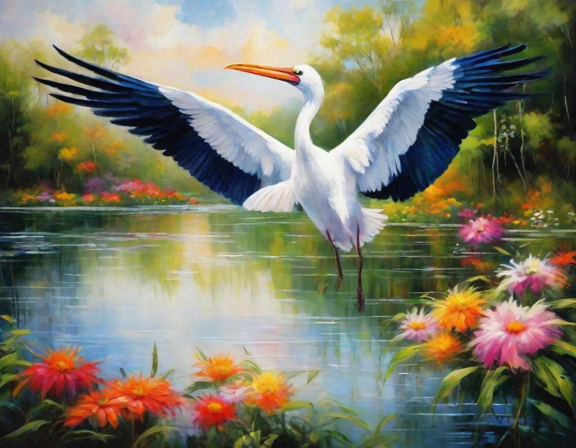 Stork Soaring over Lake: Dreamlike Oil Painting