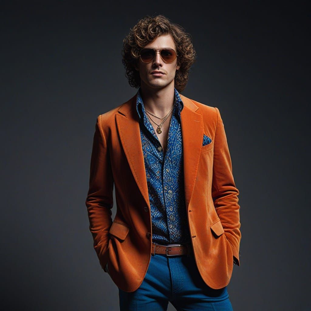 Vibrant 1970s Fashion Icon in Bold Studio Portrait