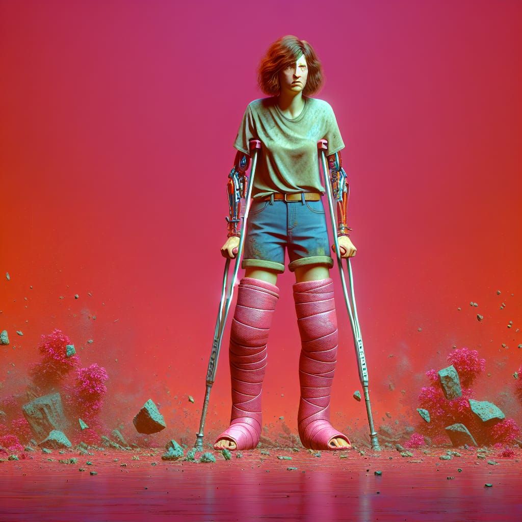 Fed Up Woman With Pink Leg Casts in Fantastical Digital Art ...