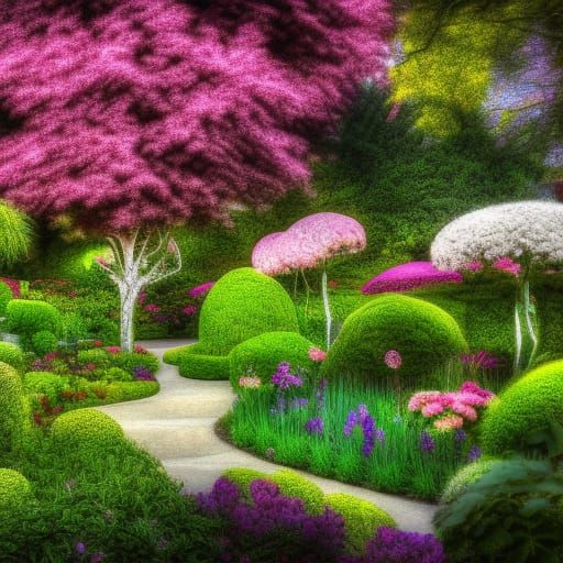 Hyperrealistic Garden in Full Bloom: Tranquility and Beauty