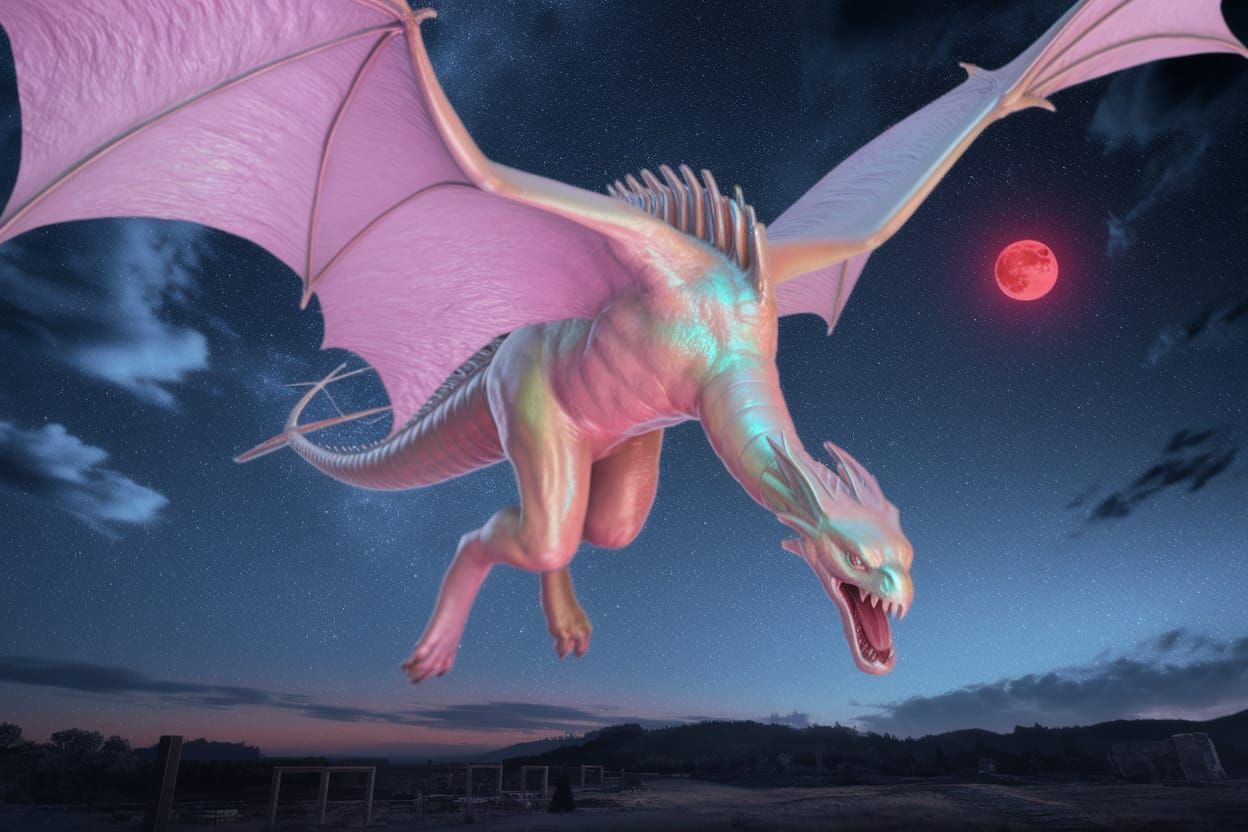 Iridescent Wyvern Soaring Through Ominous Night Sky