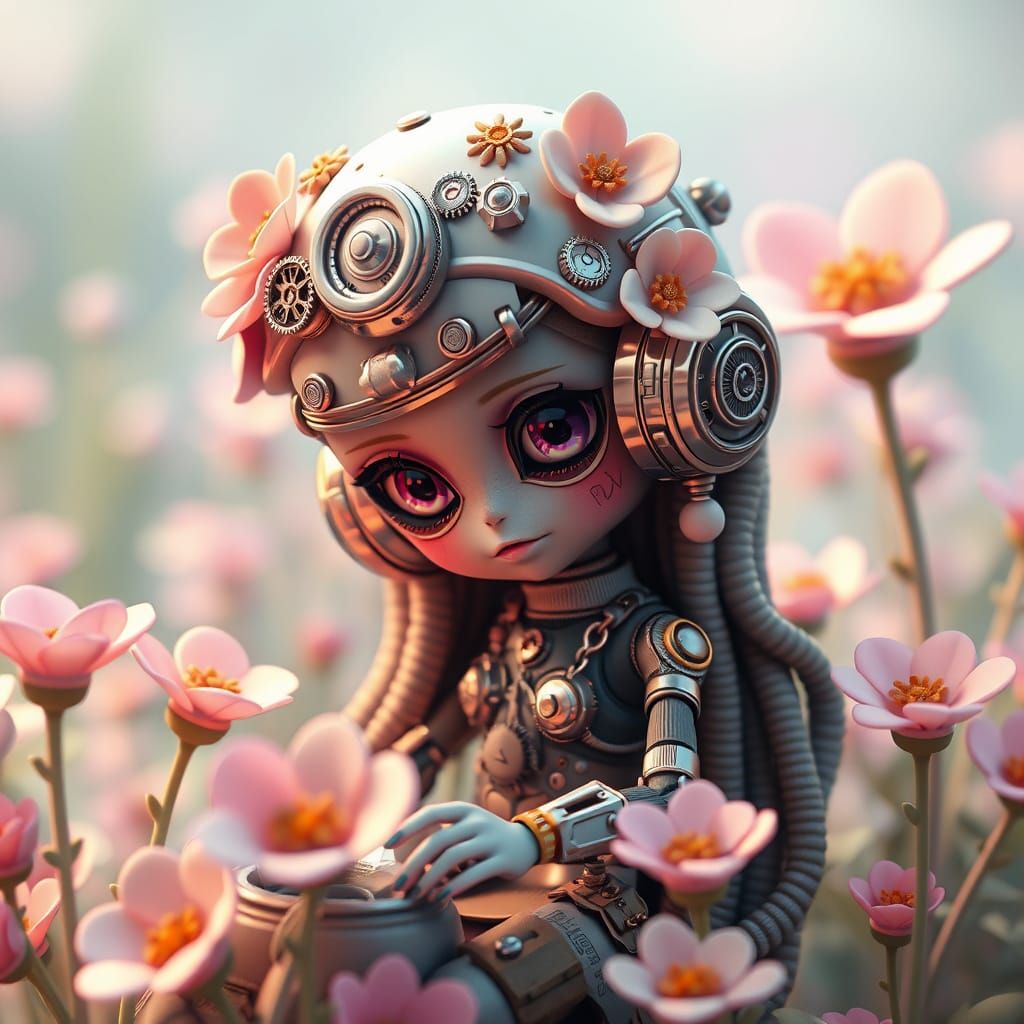 Whimsical Cyberpunk Doll Mechanic in Surreal Wonderland
