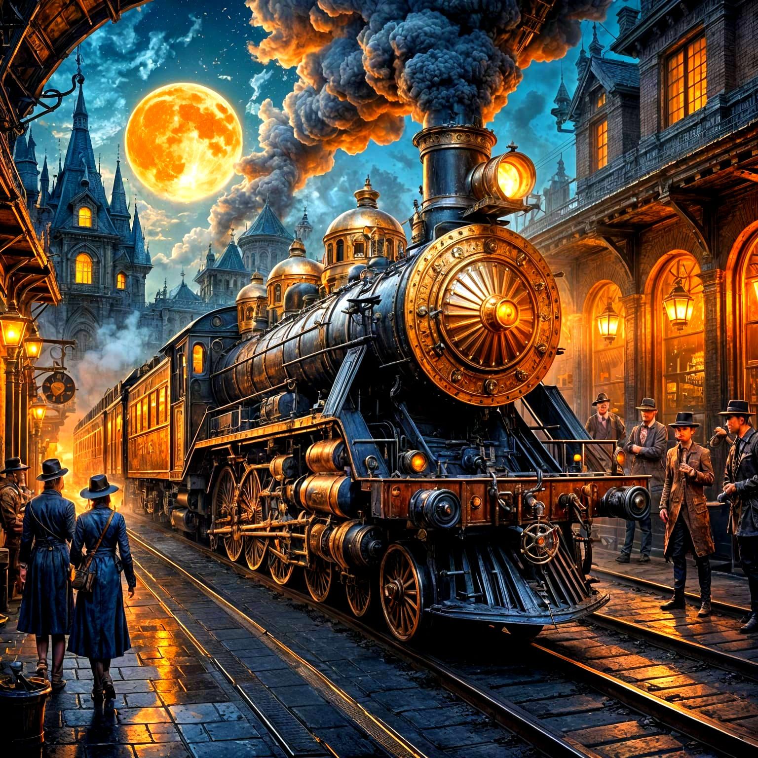 Midnight Steampunk Train Odyssey in Ethereal Oil Painting