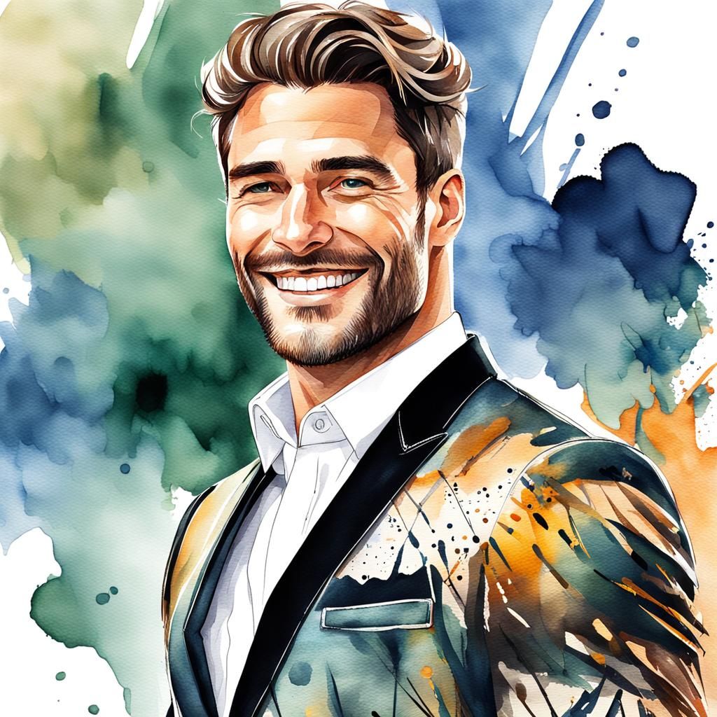 Watercolor Portrait of a Smiling Handsome Man