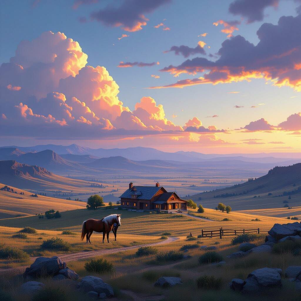 Majestic Ranch Amidst Rolling Hills, Digital Matte Painting