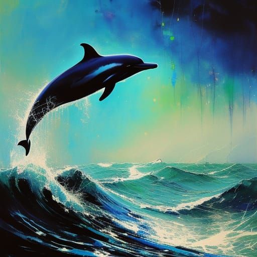 Dolphin Leaps from Giant Wave in Speedpaint Style