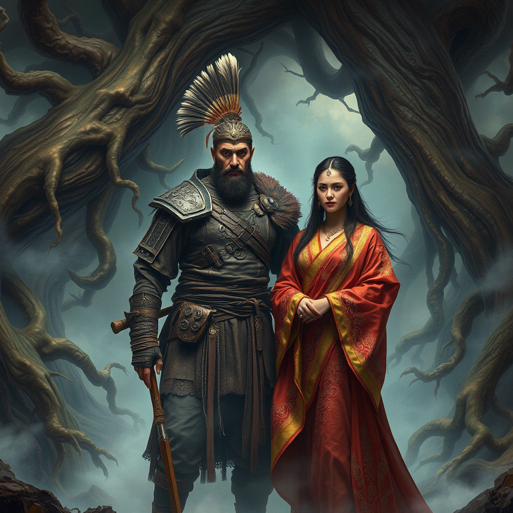 Hun Warrior and Woman in Mystical Realm