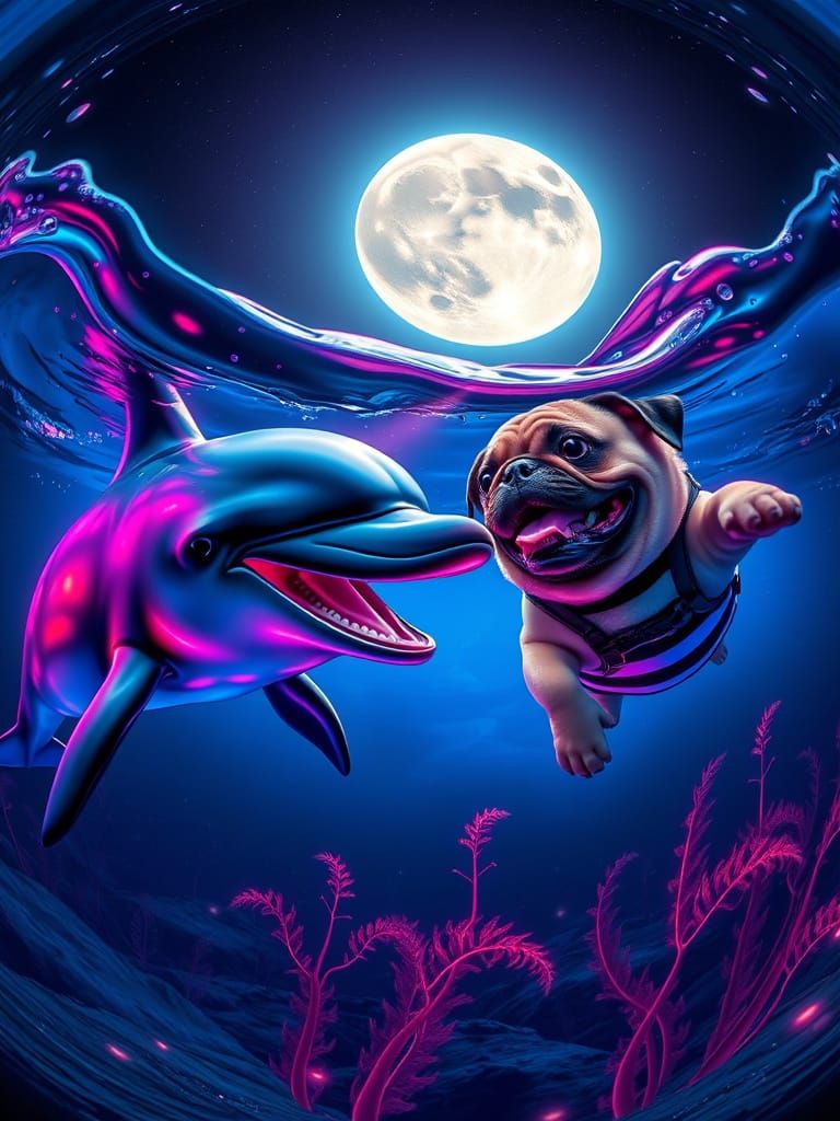 Dolphin and Pug Under Glowing Ocean Surface