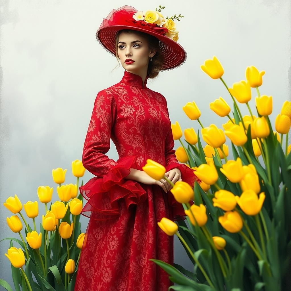 Victorian Lady in Red with Yellow Tulips