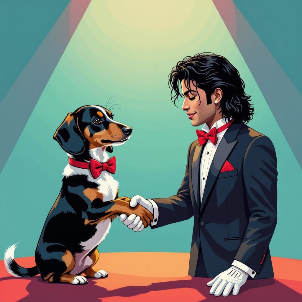 Dachshund and Pop Star Handshake, Bold Style