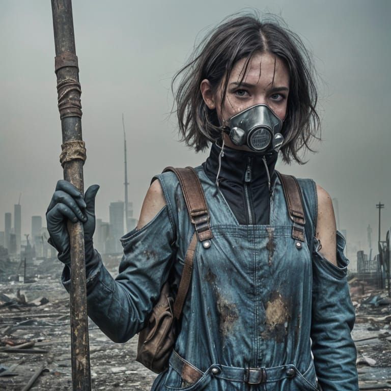 Worried Woman in Post-Apocalyptic Cityscape
