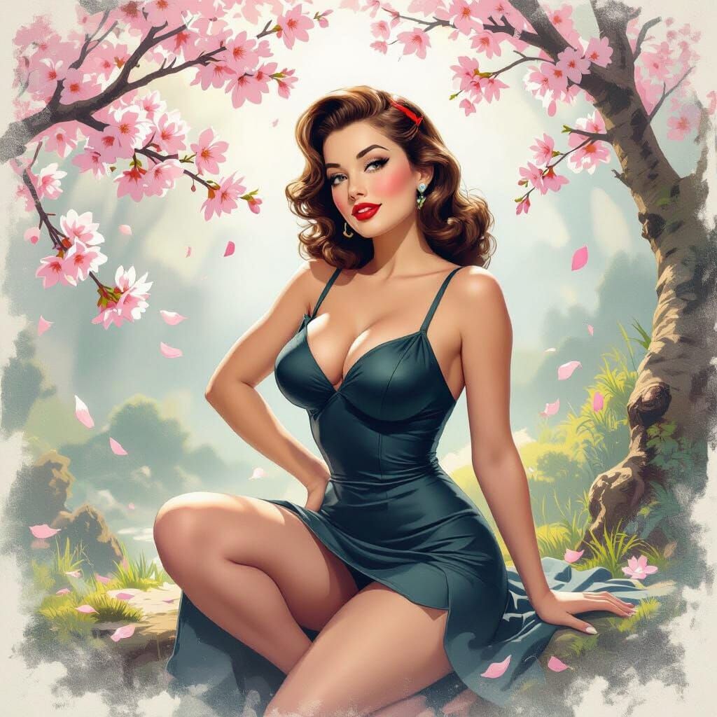 Vintage Pin-Up Girl in Retro Cherry Blossom Garden