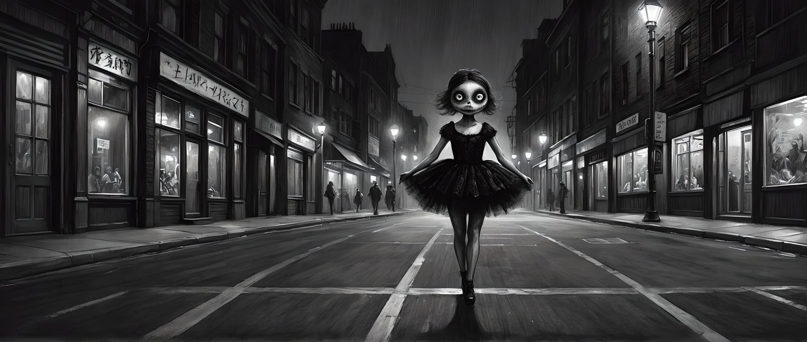 Creepy Eyeball Ballerina in Dystopian City, Horror Concept