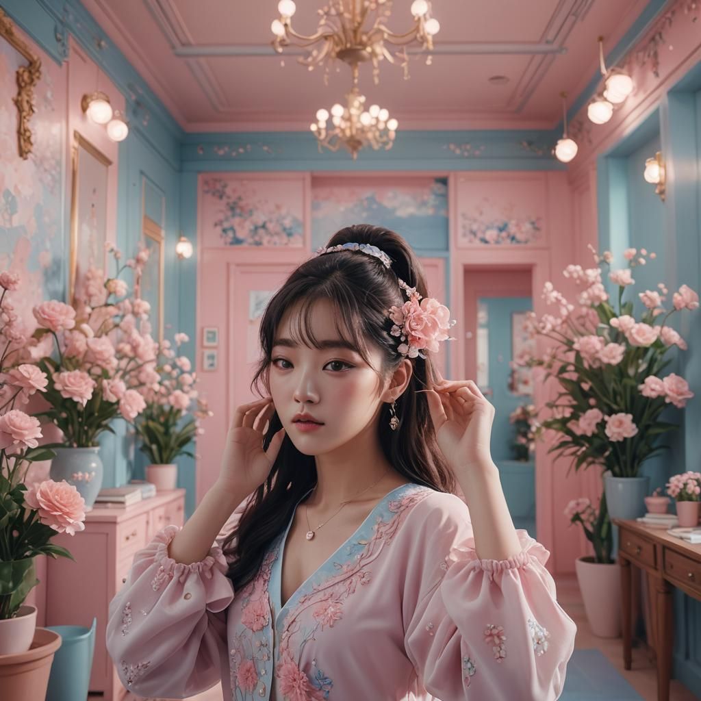 Kpop Idol Dancing in Pastel Practice Room, Digital Art