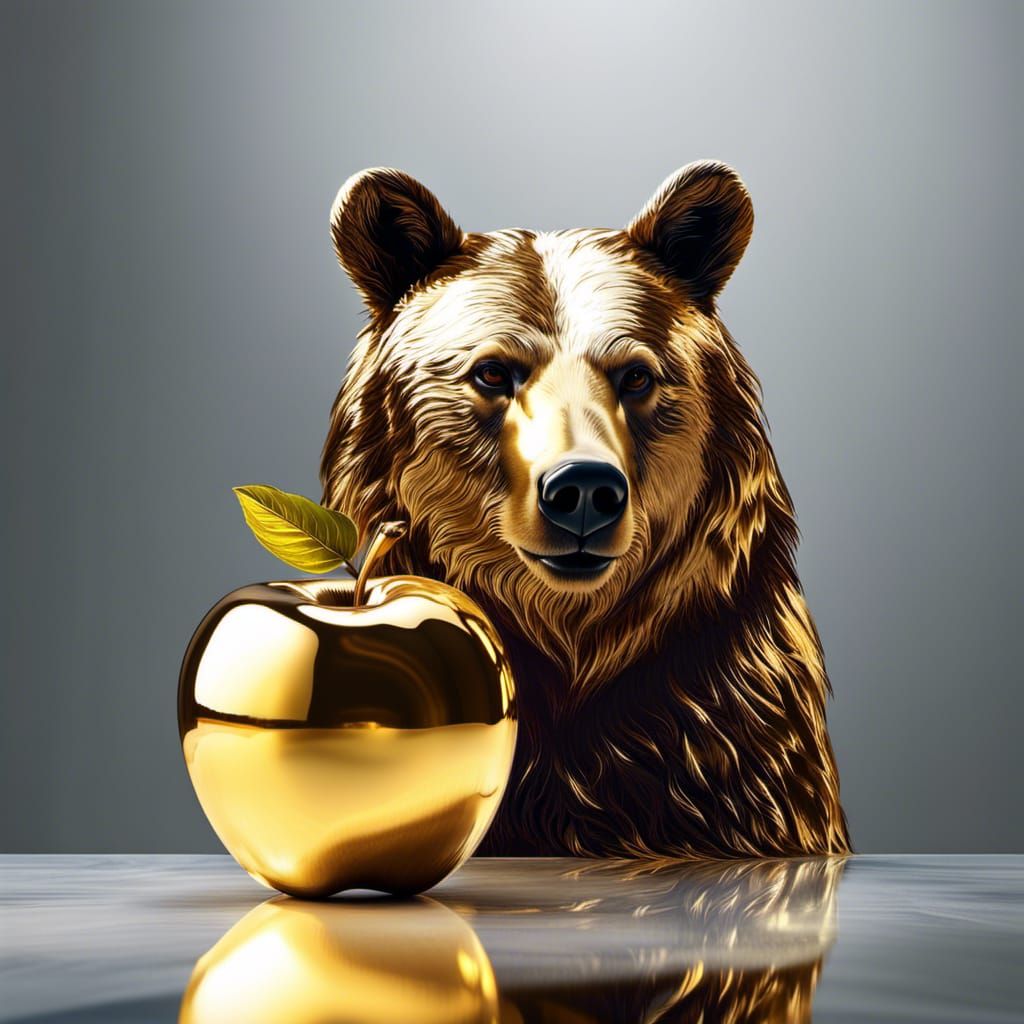 Bear's Reflection in Mirrored Golden Apple