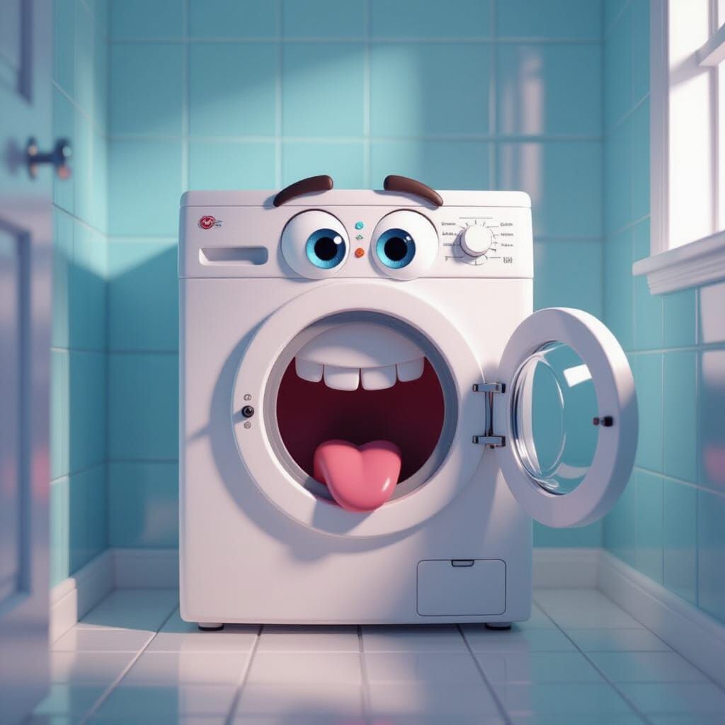 Anthropomorphic Washing Machine Chewing Clothes in Cartoon S...