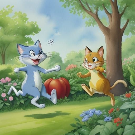 Vibrant Cartoon Garden Chase in Whimsical Watercolor Style